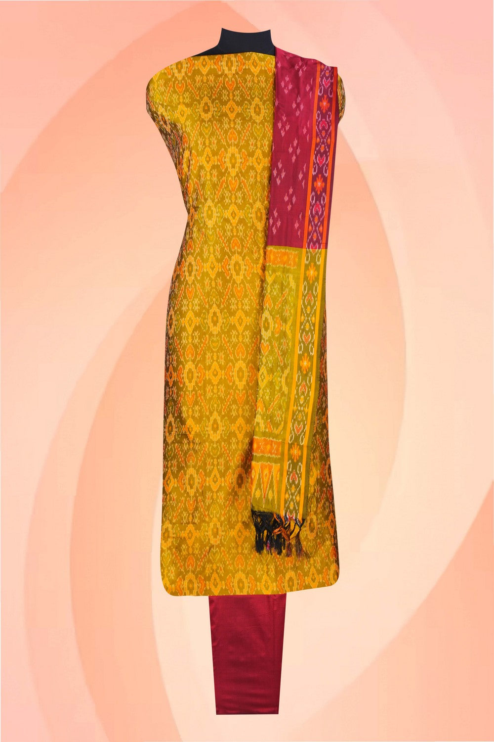 Image of Pochampally Ikat Unstitched Suit With Dupatta (3 Pcs Set)
