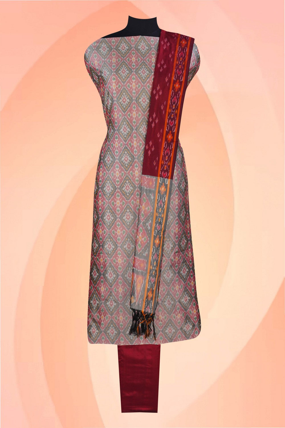 Image of Pochampally Ikat Unstitched Suit With Dupatta (3 Pcs Set)