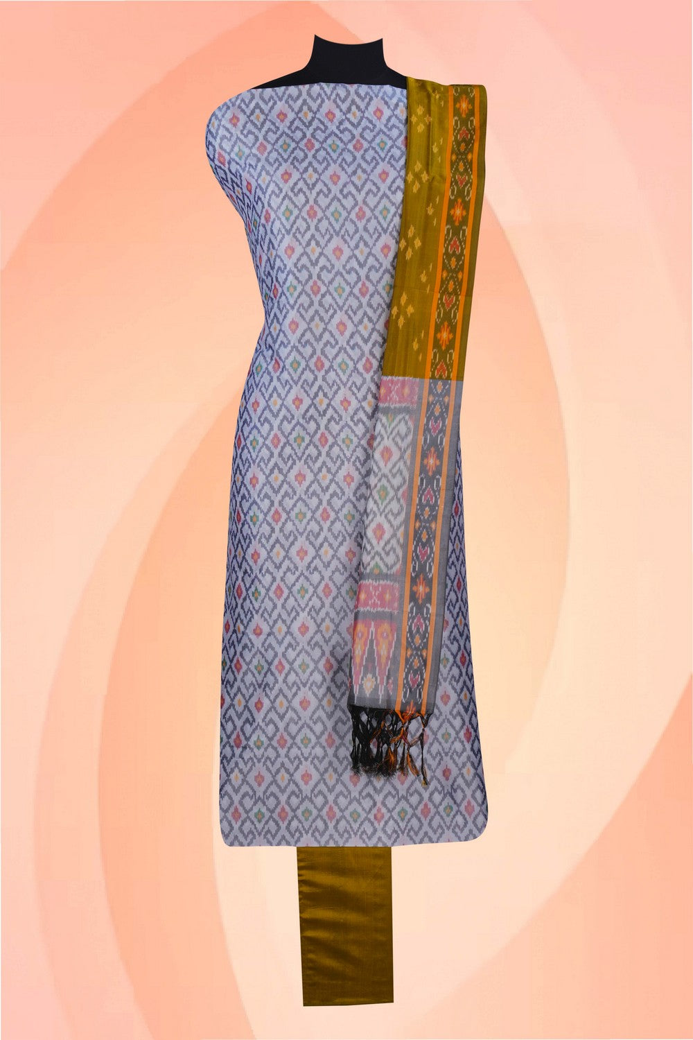 Image of Pochampally Ikat Unstitched Suit With Dupatta (3 Pcs Set)