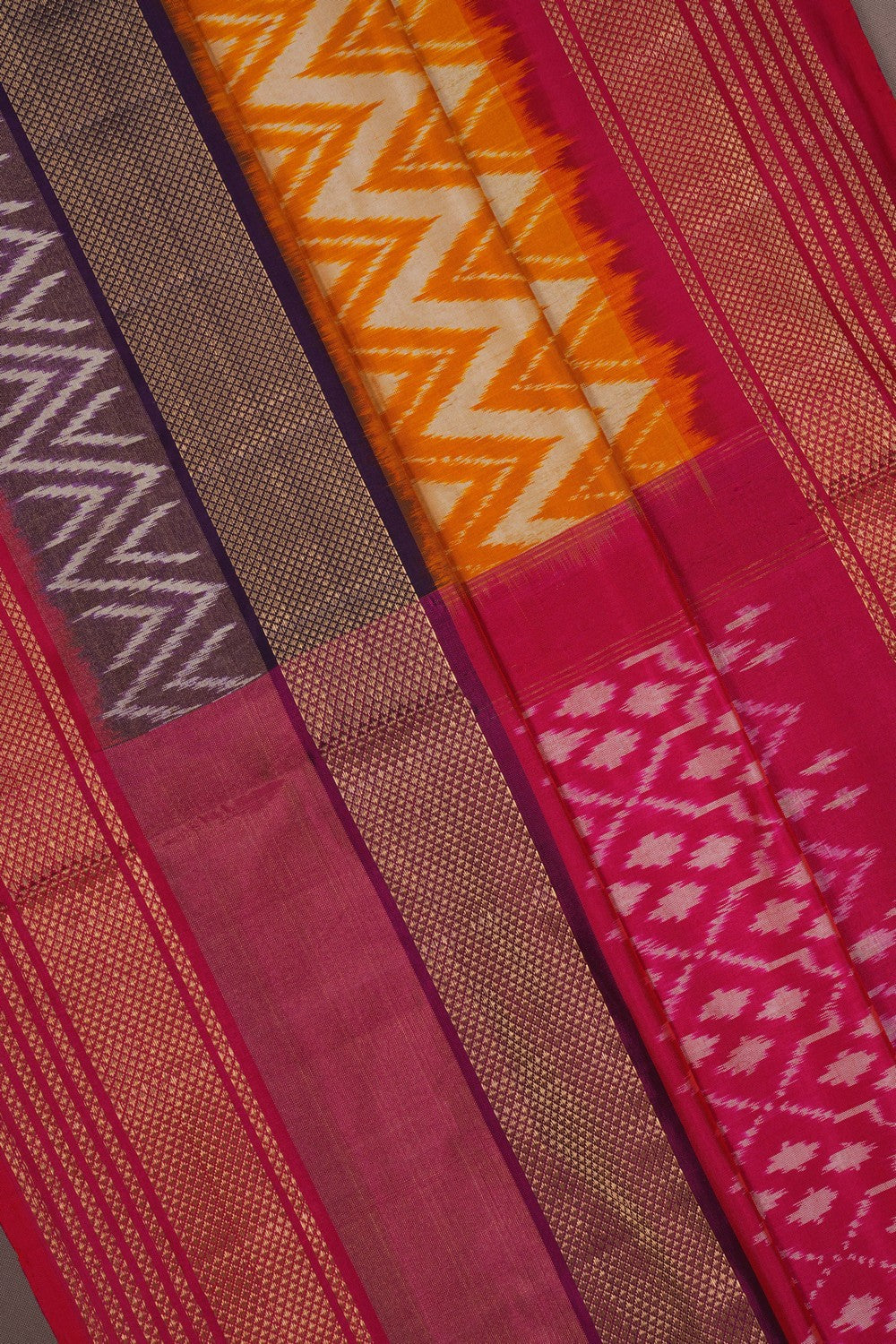 Image of Pochampally Ikat Silk Mustard Saree