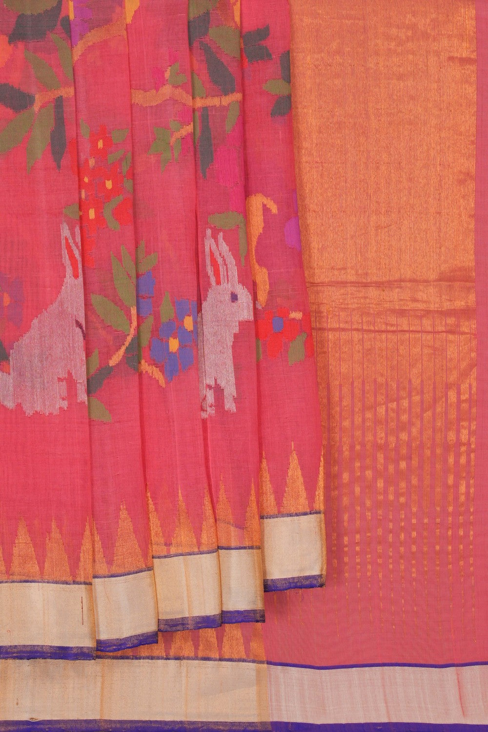 Image of Uppada Cotton Fuchsia Pink Saree