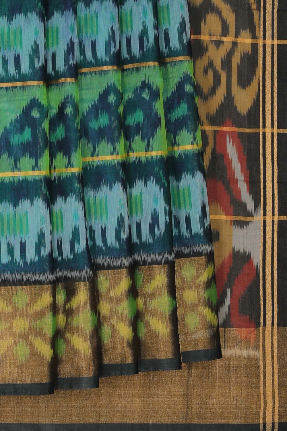 Image of Ikat Cotton-Silk Teal Blue Saree
