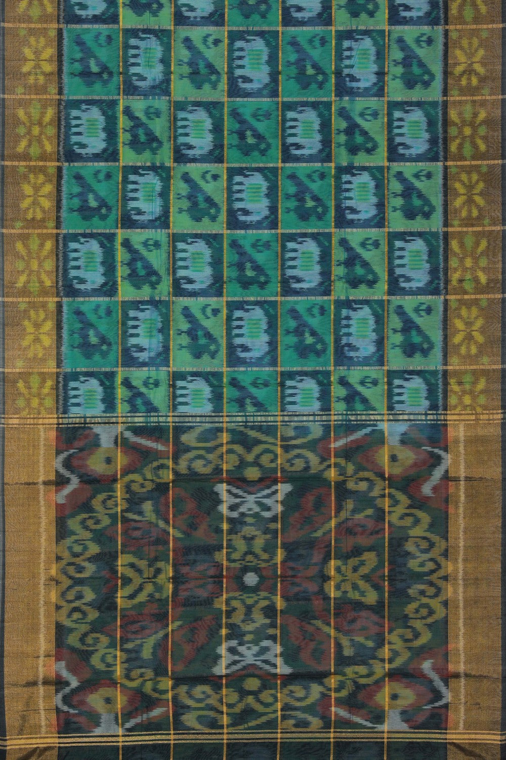 Image of Ikat Cotton-Silk Teal Blue Saree
