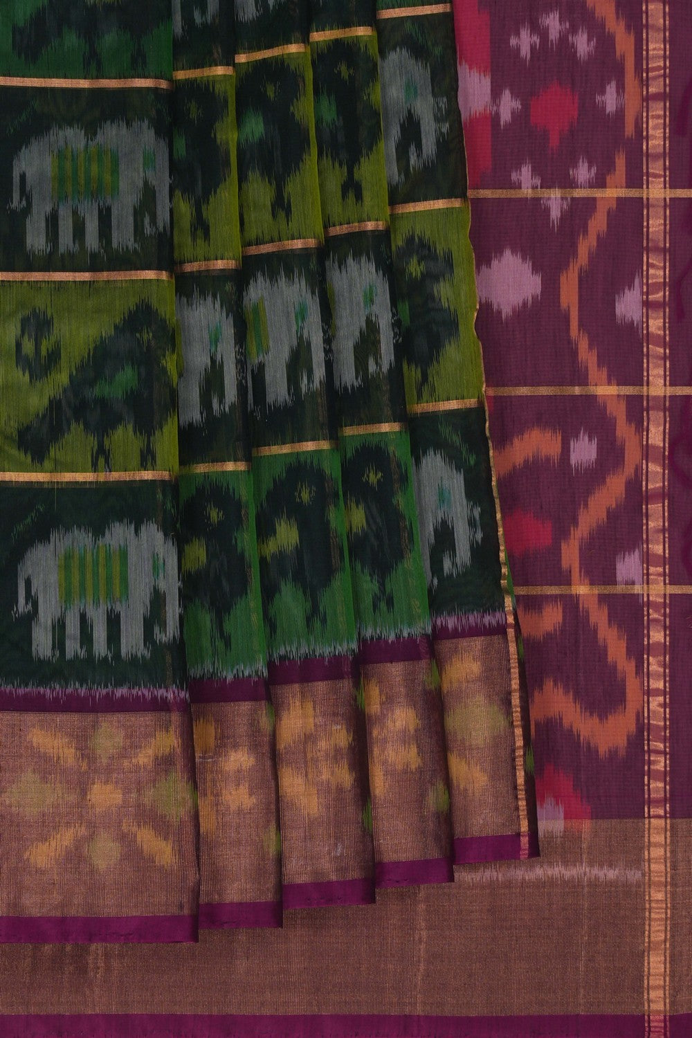 Image of Ikat Cotton-Silk Green Saree