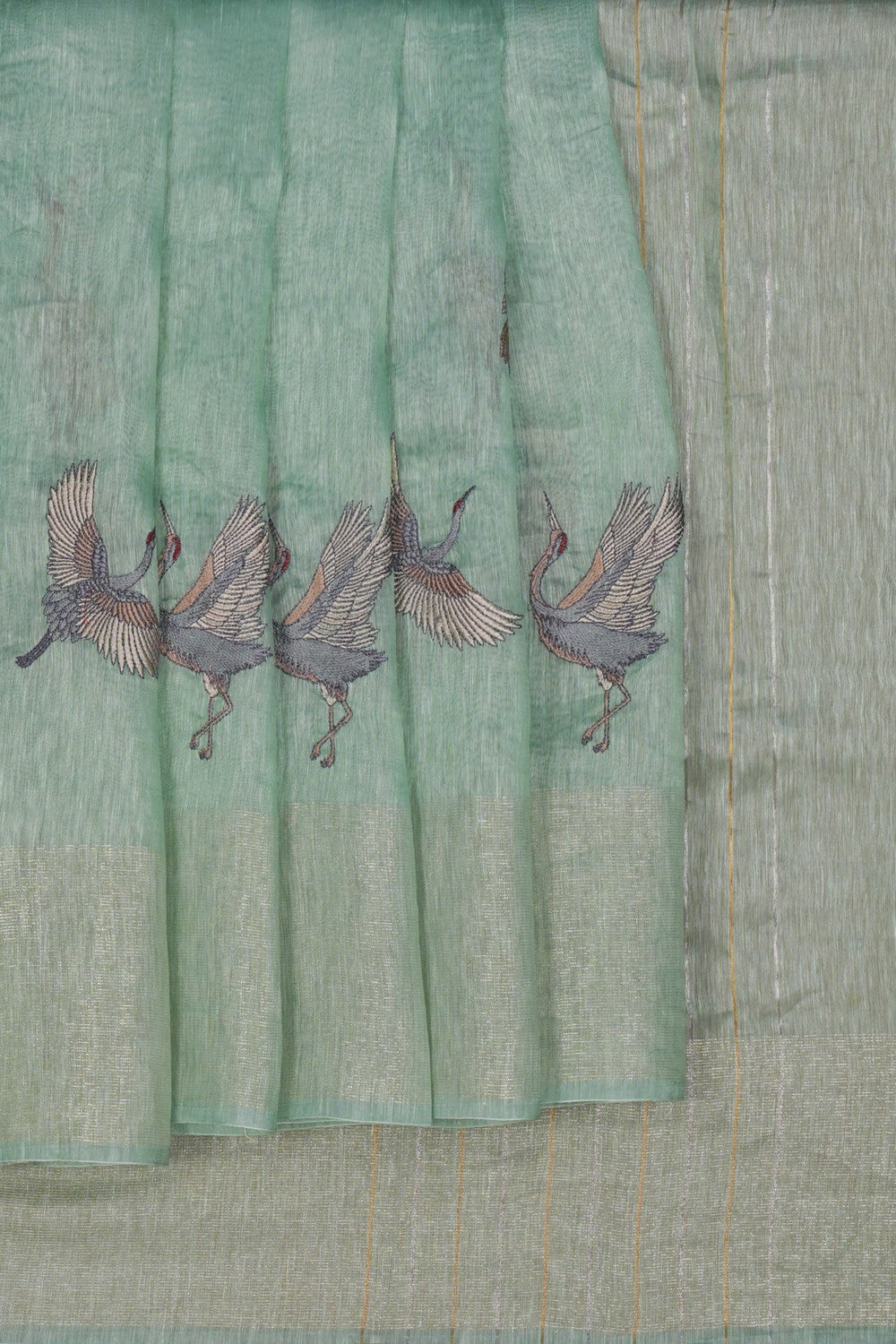 Image of Linen Embroidered Sea Green Saree