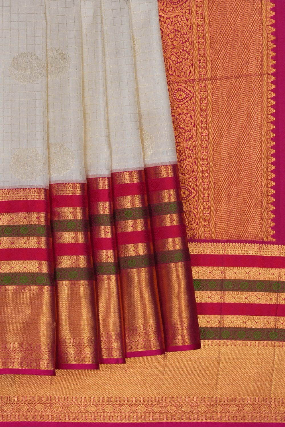 Image of Kanchipattu Kattam Pattern White Saree