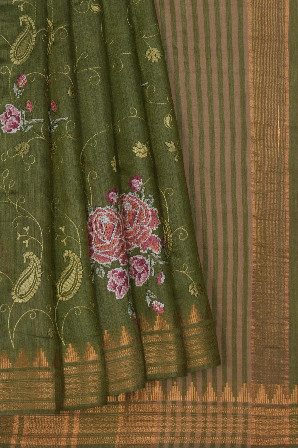 Image of Green Tussar Silk Embroidery Saree
