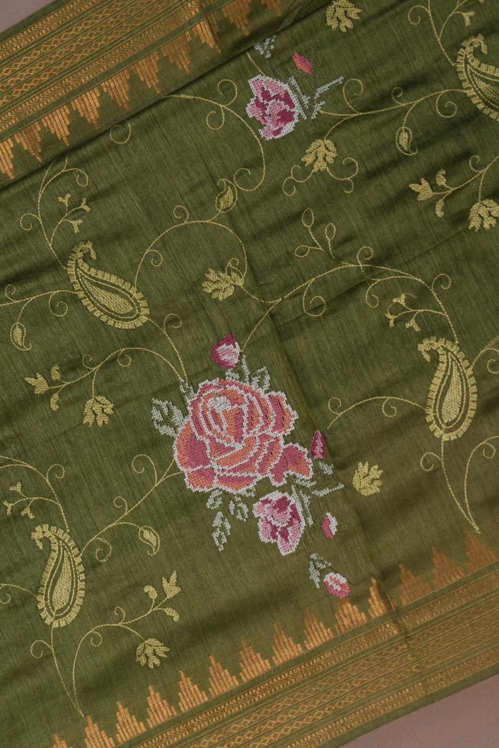 Image of Green Tussar Silk Embroidery Saree
