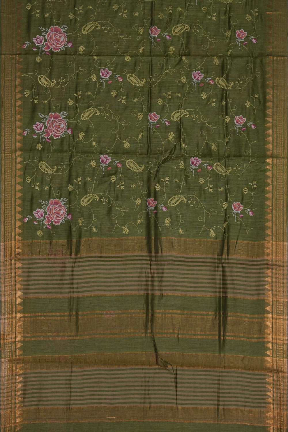 Image of Green Tussar Silk Embroidery Saree