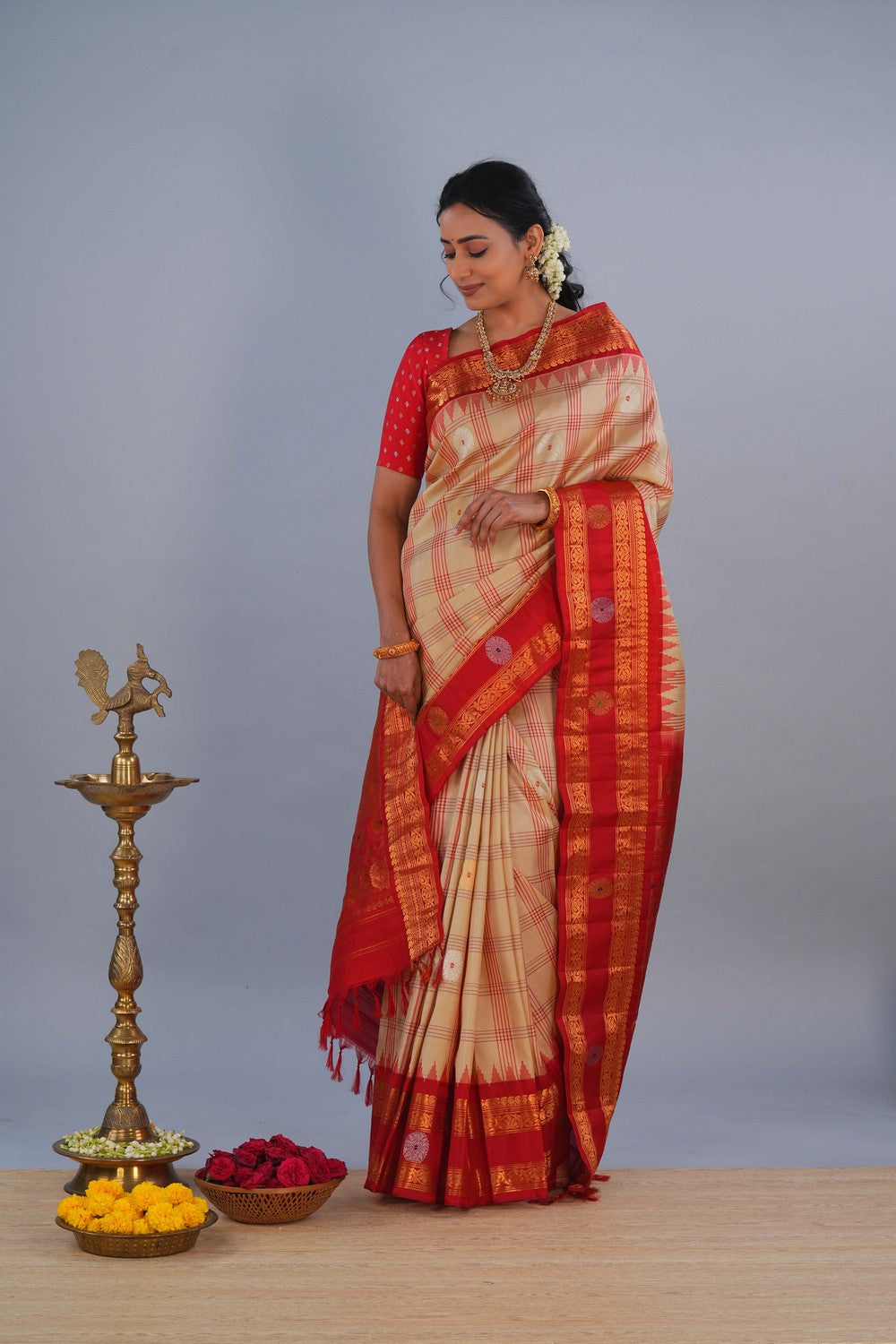 Image of Gadwal Silk Cream Saree