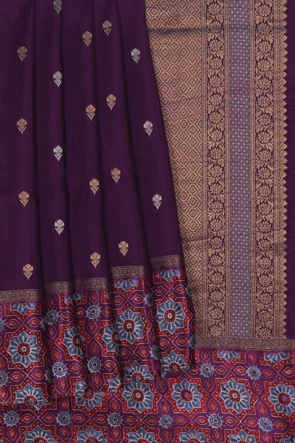 Image of Purple Printed Ajrakh Modal Silk Saree