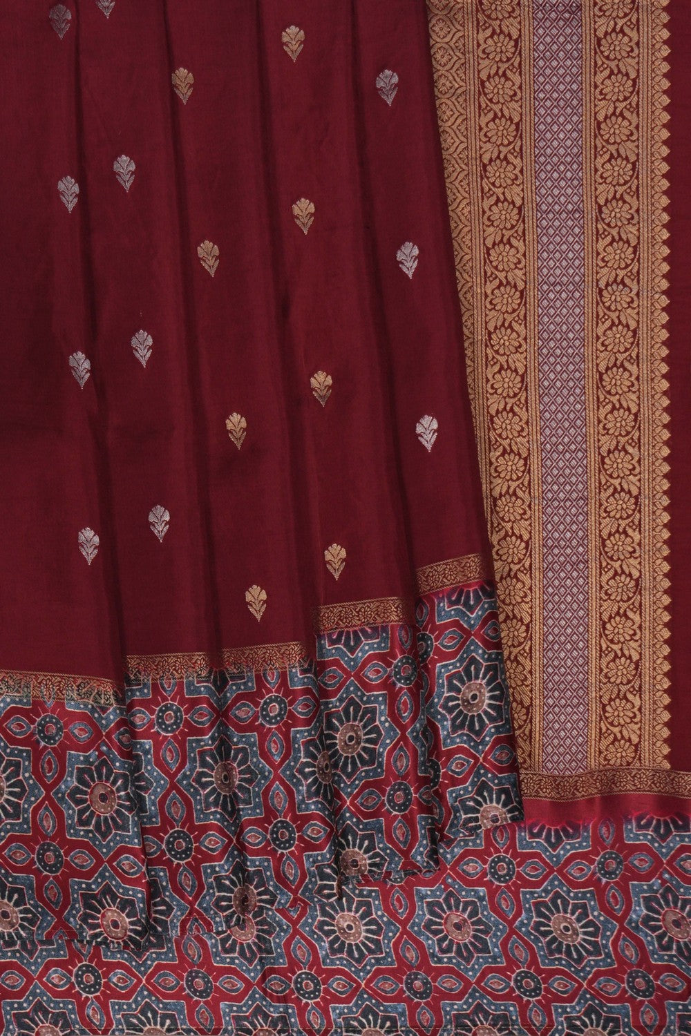 Image of Maroon Printed Ajrakh Modal Silk Saree