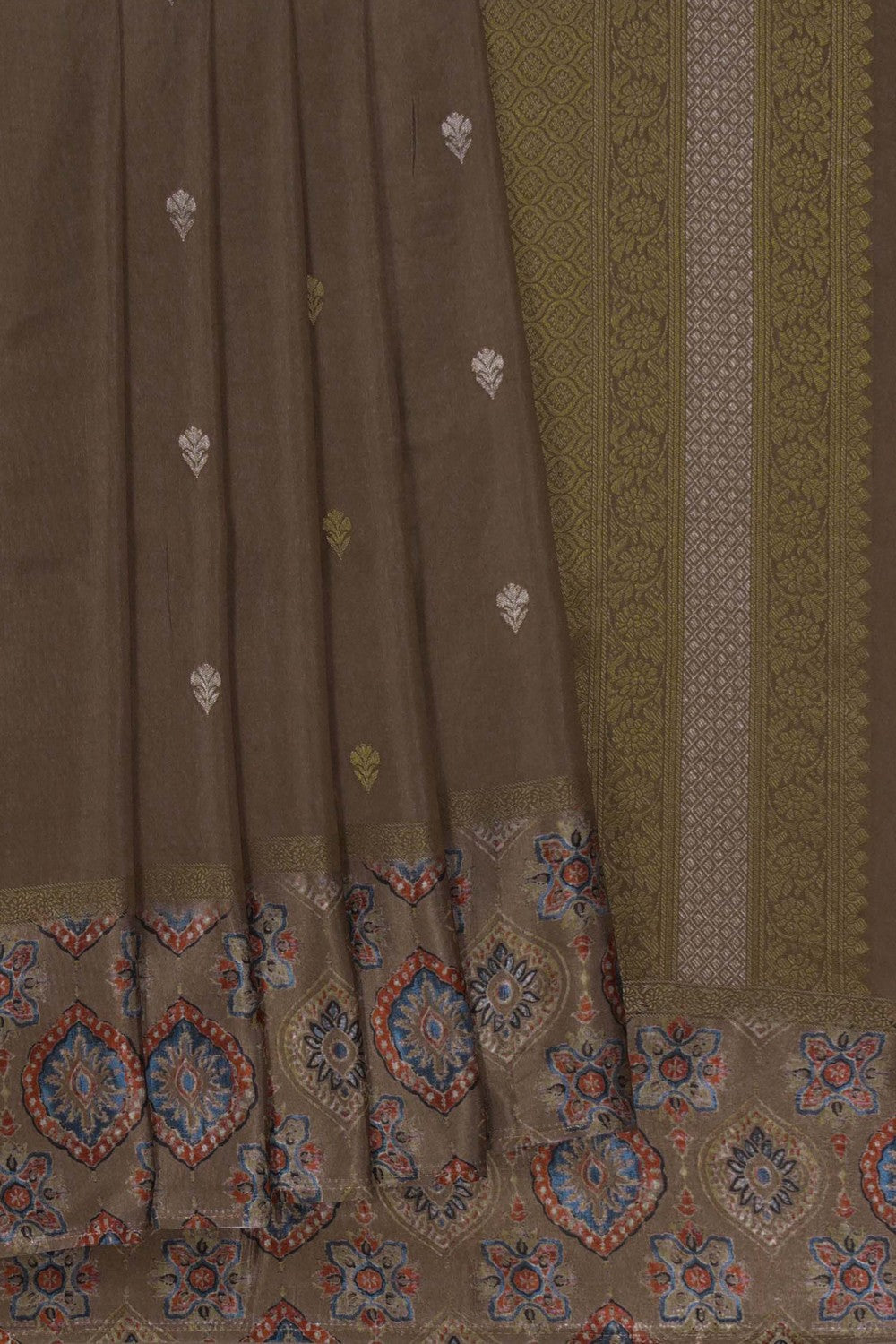 Image of Grey Printed Ajrakh Modal Silk Saree