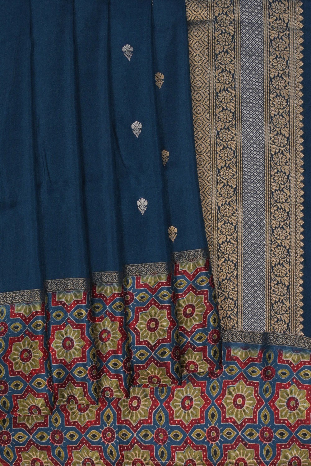 Image of Smoky Blue Printed Ajrakh Modal Silk Saree