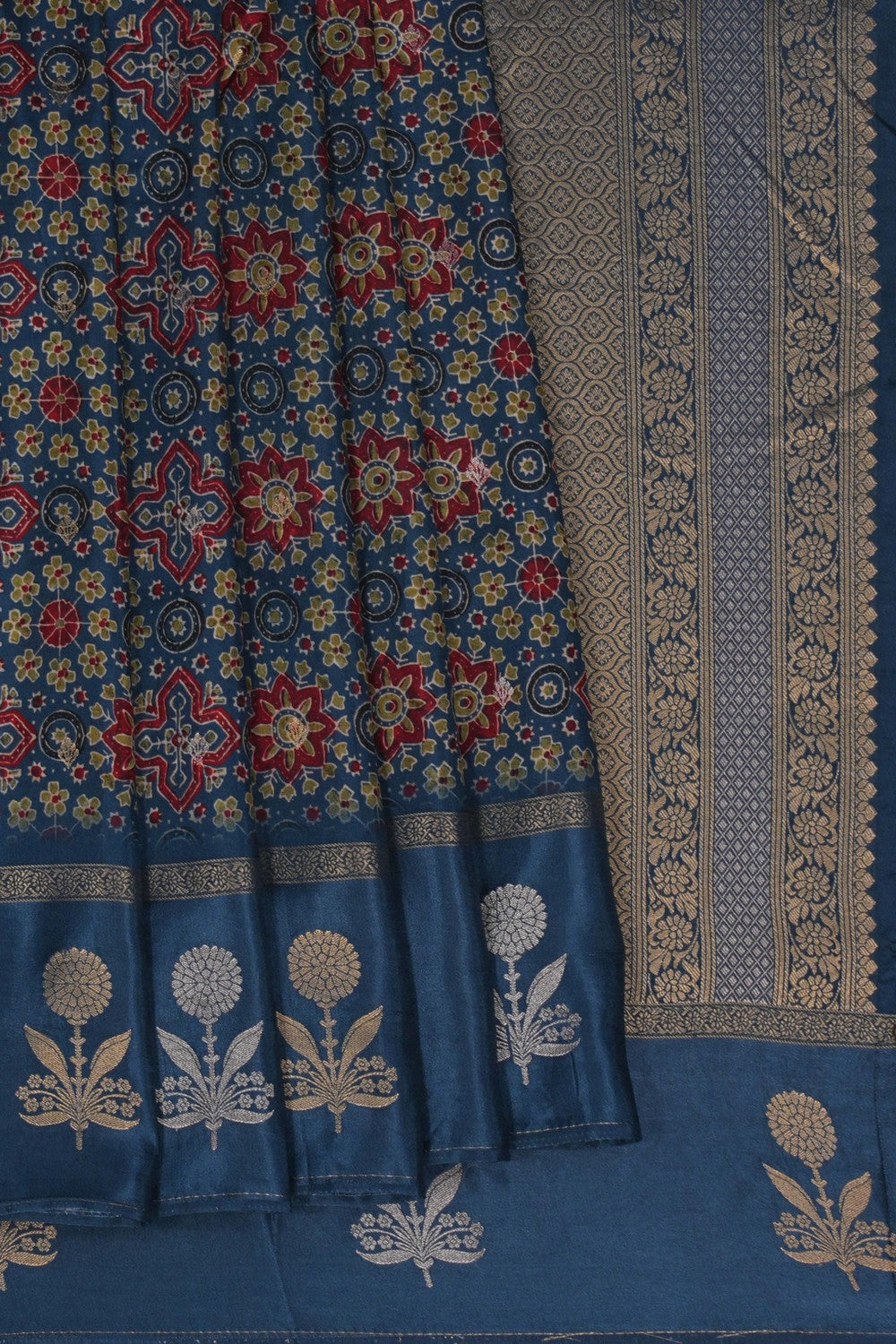 Image of Smoky-Blue Printed Ajrakh Modal Silk Saree