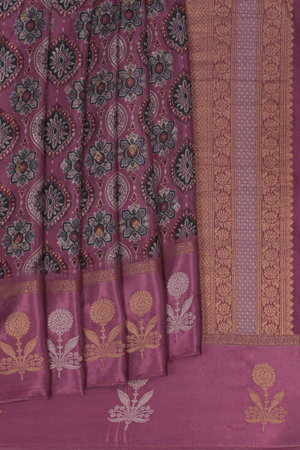 Image of Onion-Pink Printed Ajrakh Modal Silk Saree