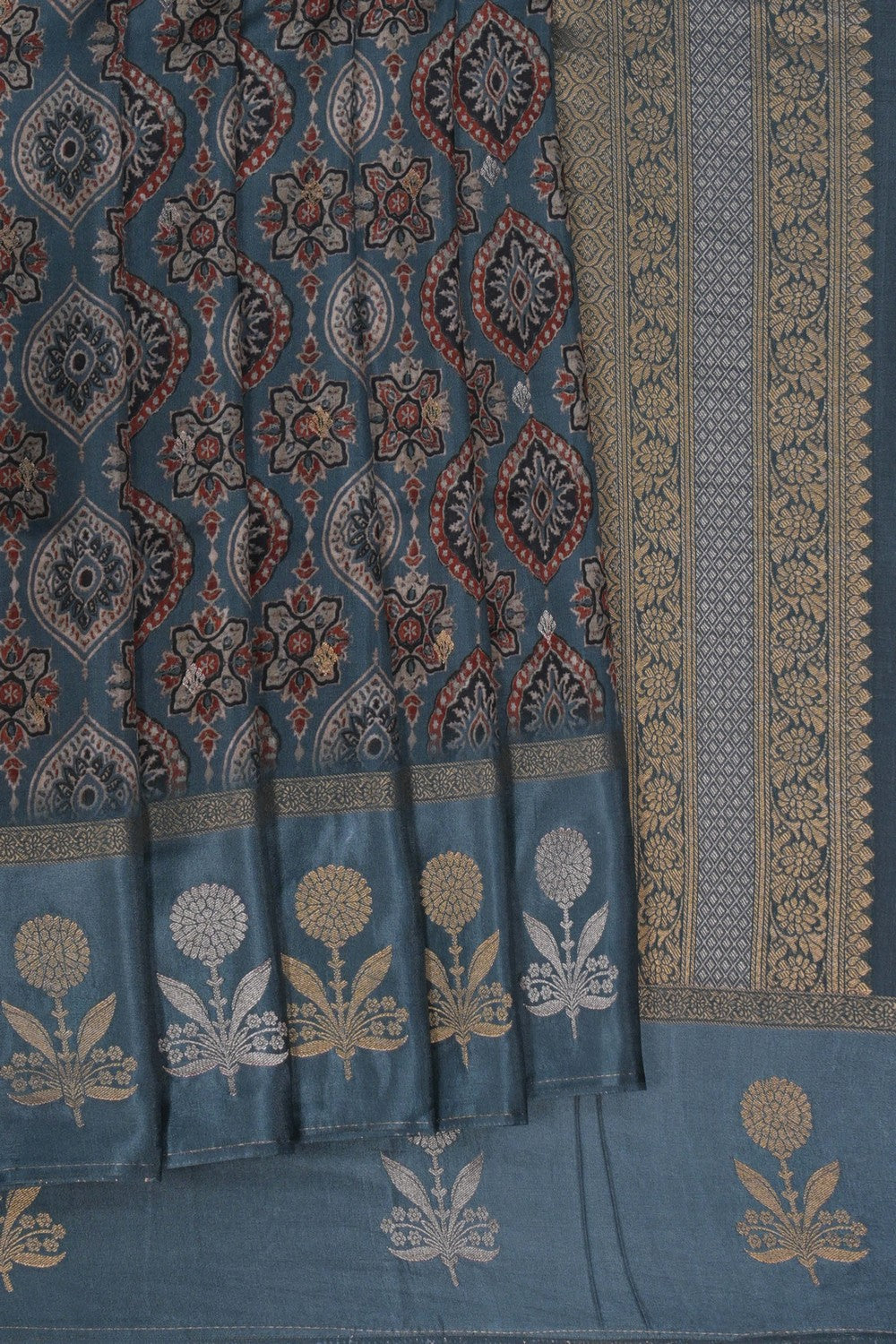 Image of Grey Printed Ajrakh Modal Silk Saree