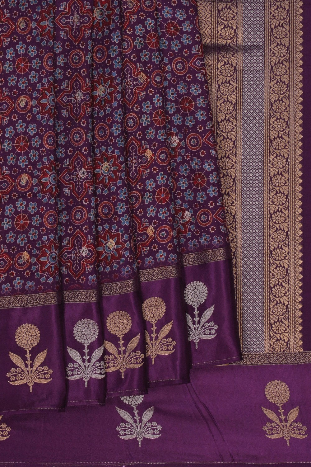Image of Purple Printed Ajrakh Modal Silk Saree