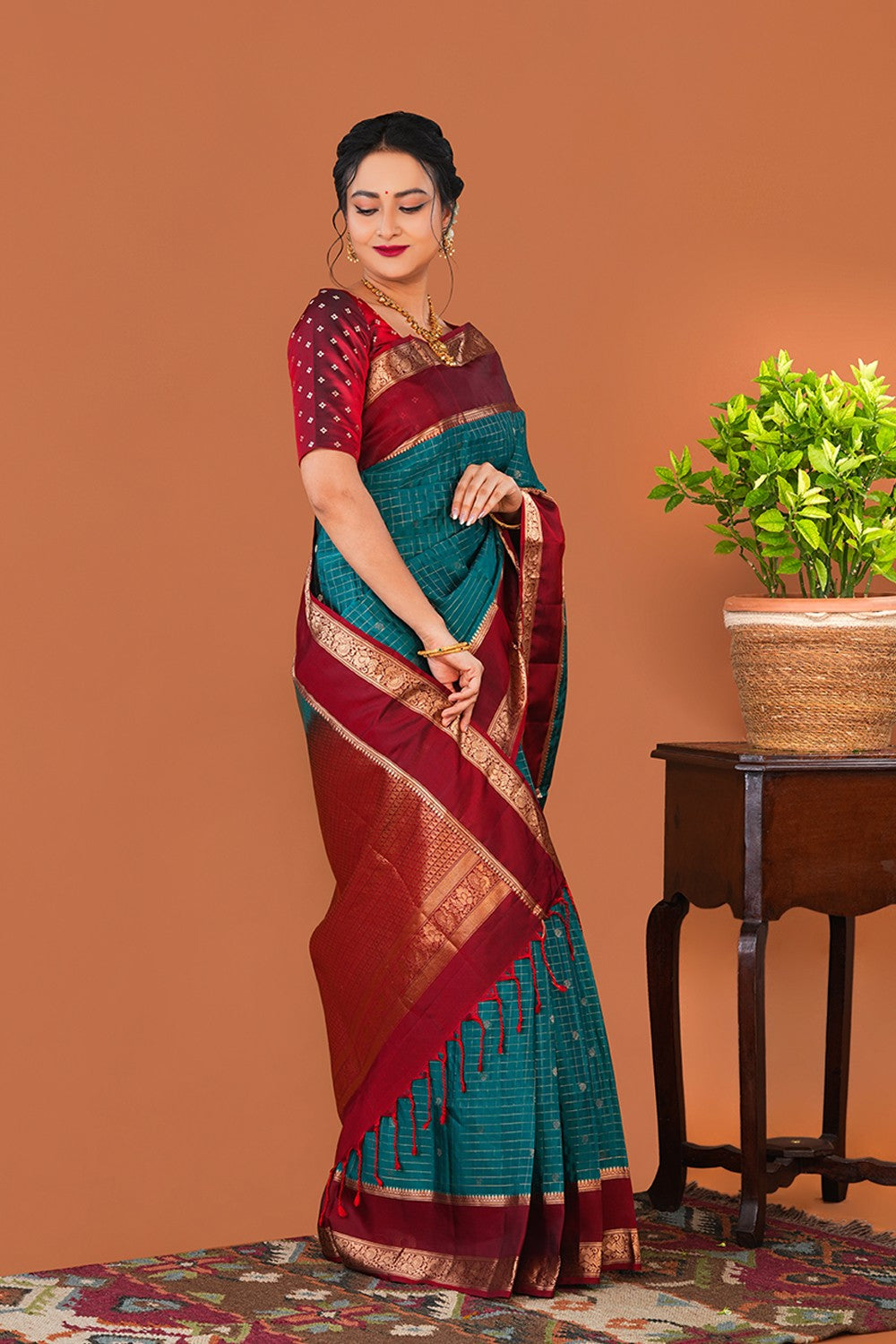 Image of South Silk Teal Green Saree