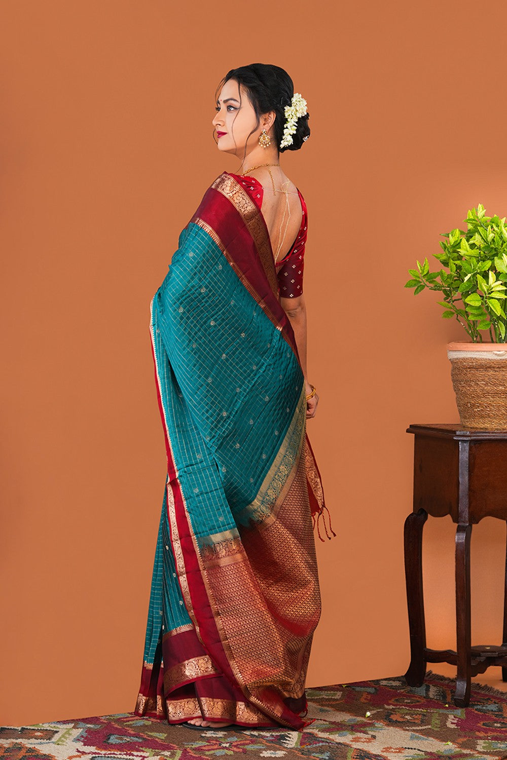 Image of South Silk Teal Green Saree