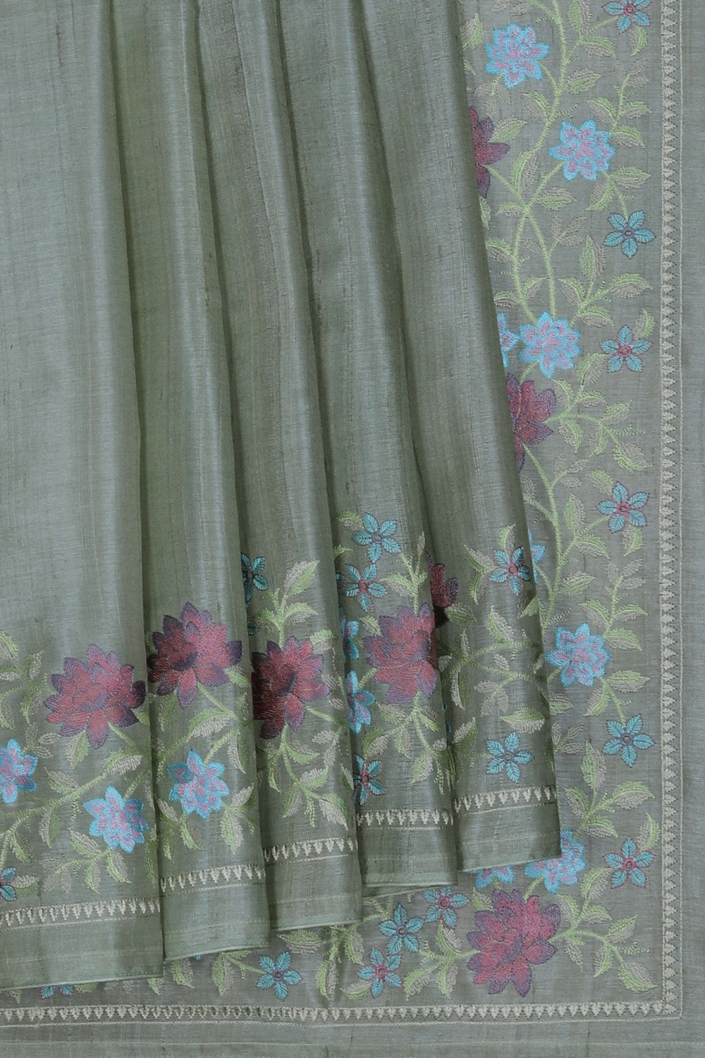 Image of A Sage-Green Tussar Silk Embroidery Saree