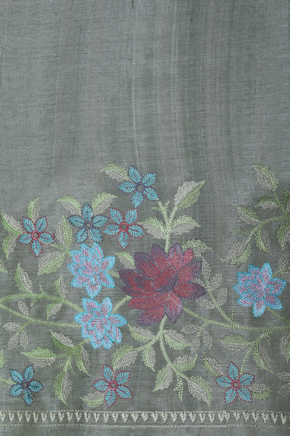 Image of A Sage-Green Tussar Silk Embroidery Saree