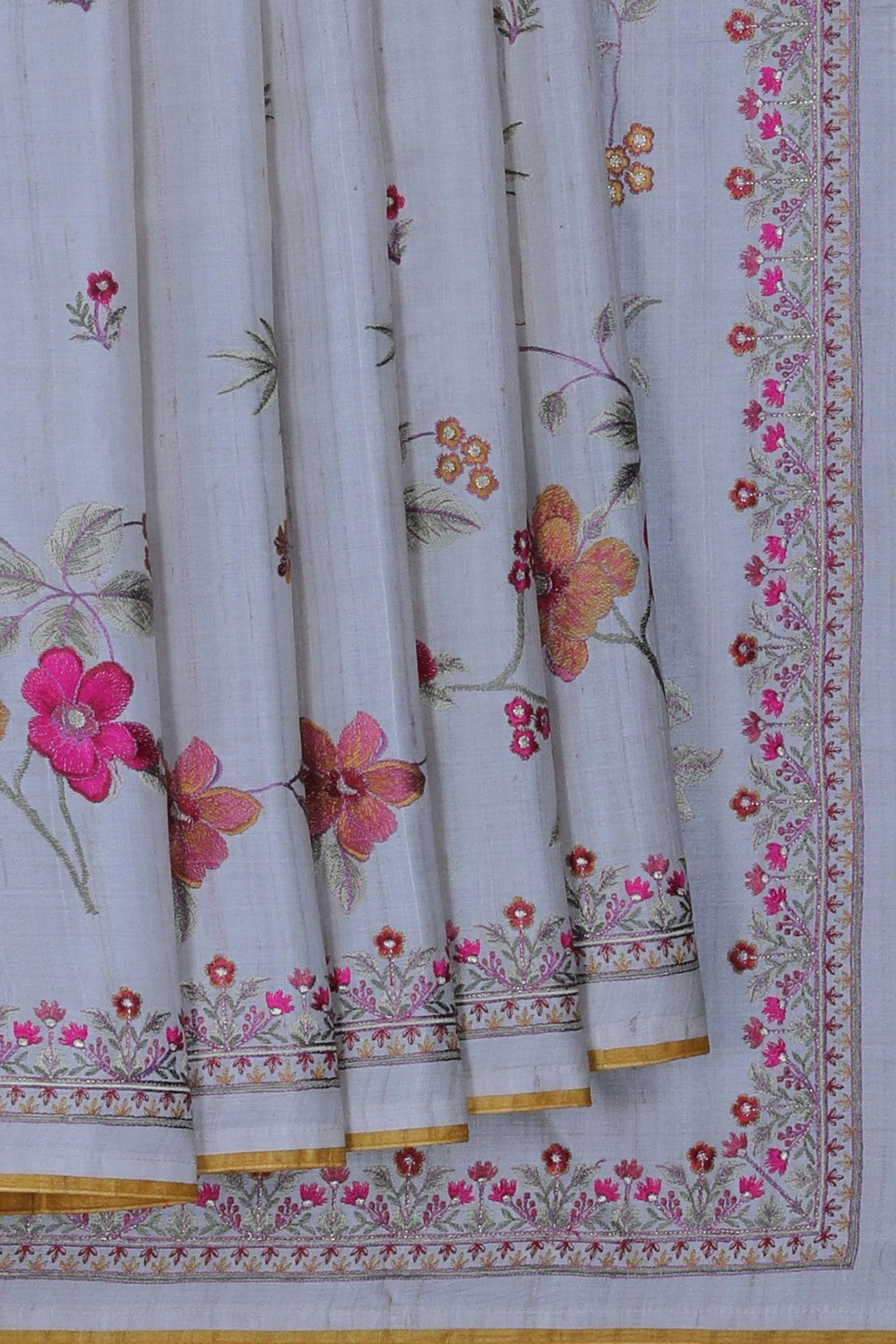 Image of Off-White Tussar Silk Embroidery Saree