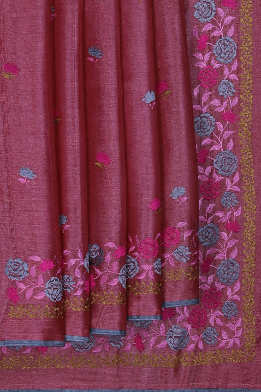 Image of A Pink Tussar Silk Embroidery Saree