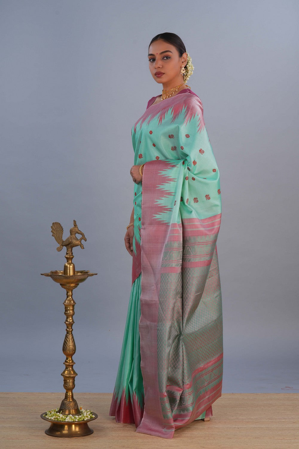 Image of Gadwal Silk Sea Green Saree