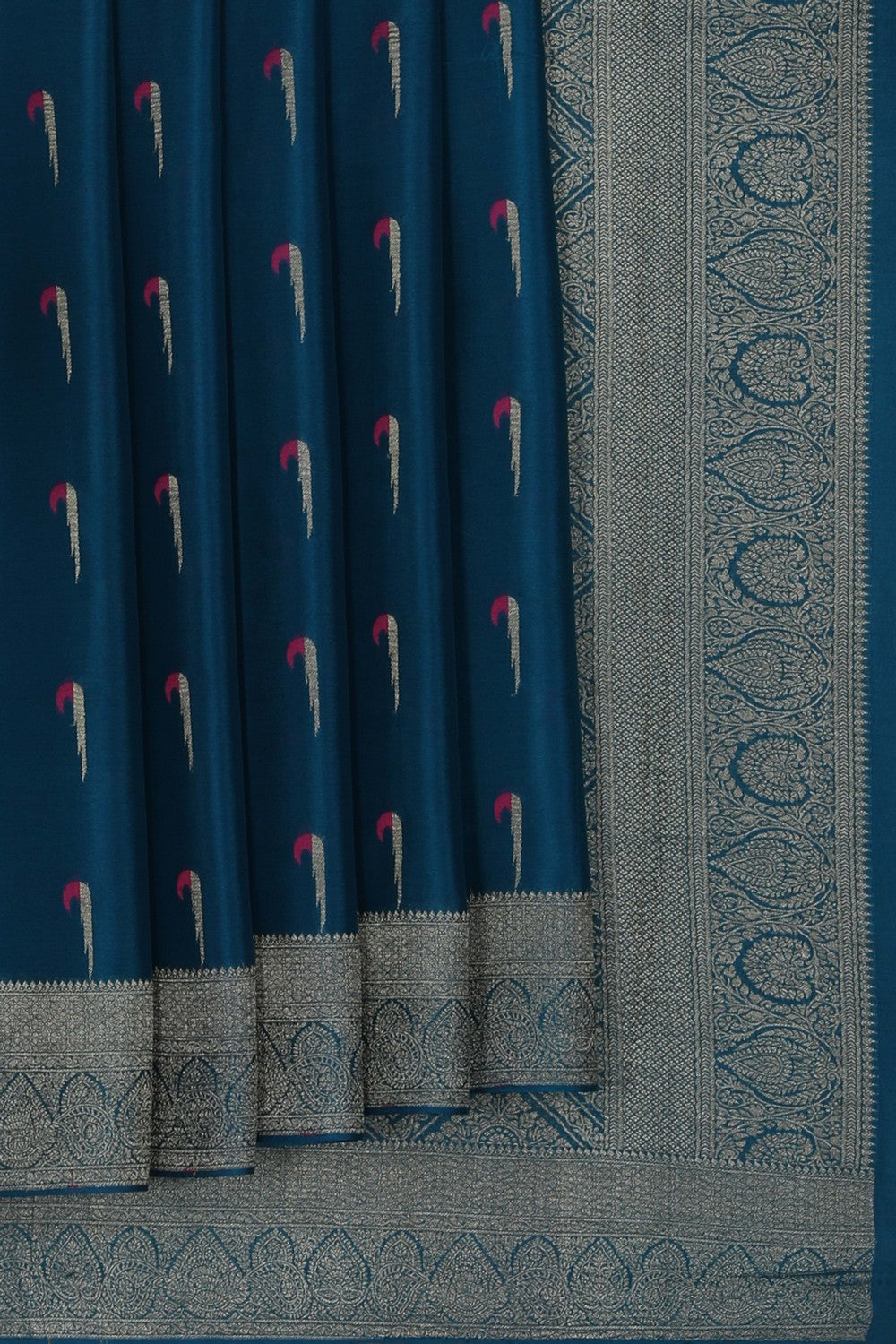 Image of A Blue Crepe Saree With Muniya Motifs