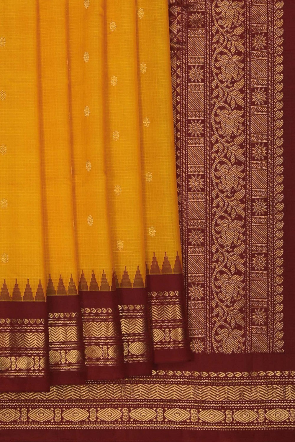 Image of Gadwal Silk Cotton Yellow Saree