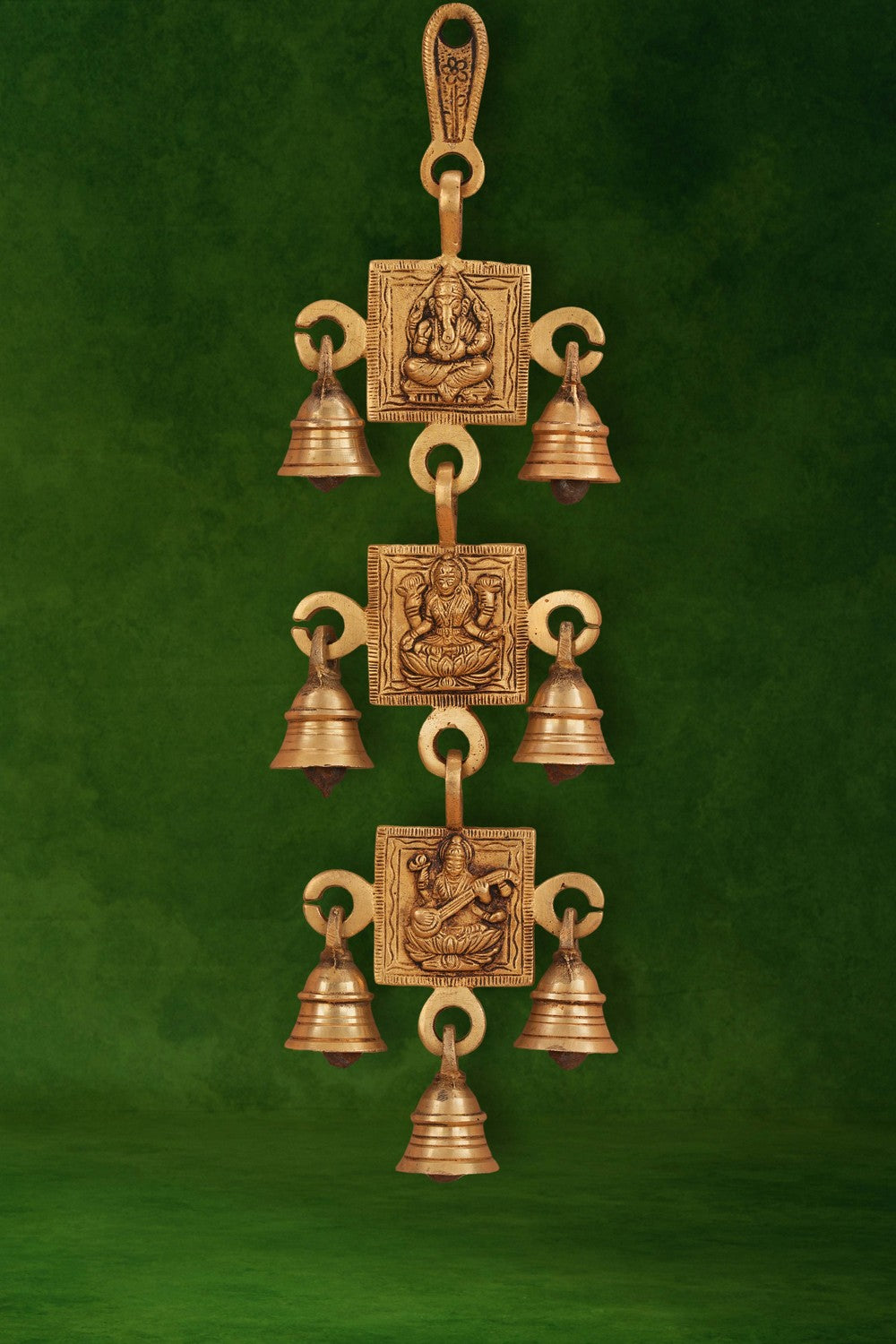 Image of Brass vintage Lakshmi Ganesha Saraswati wall hanging
