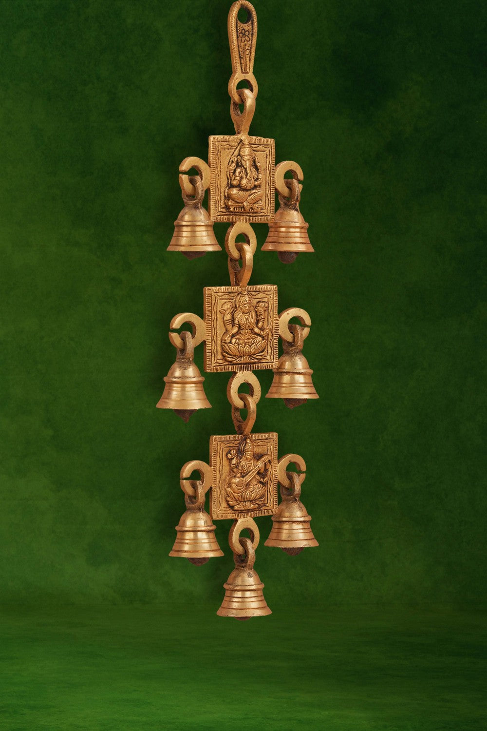 Image of Brass vintage Lakshmi Ganesha Saraswati wall hanging