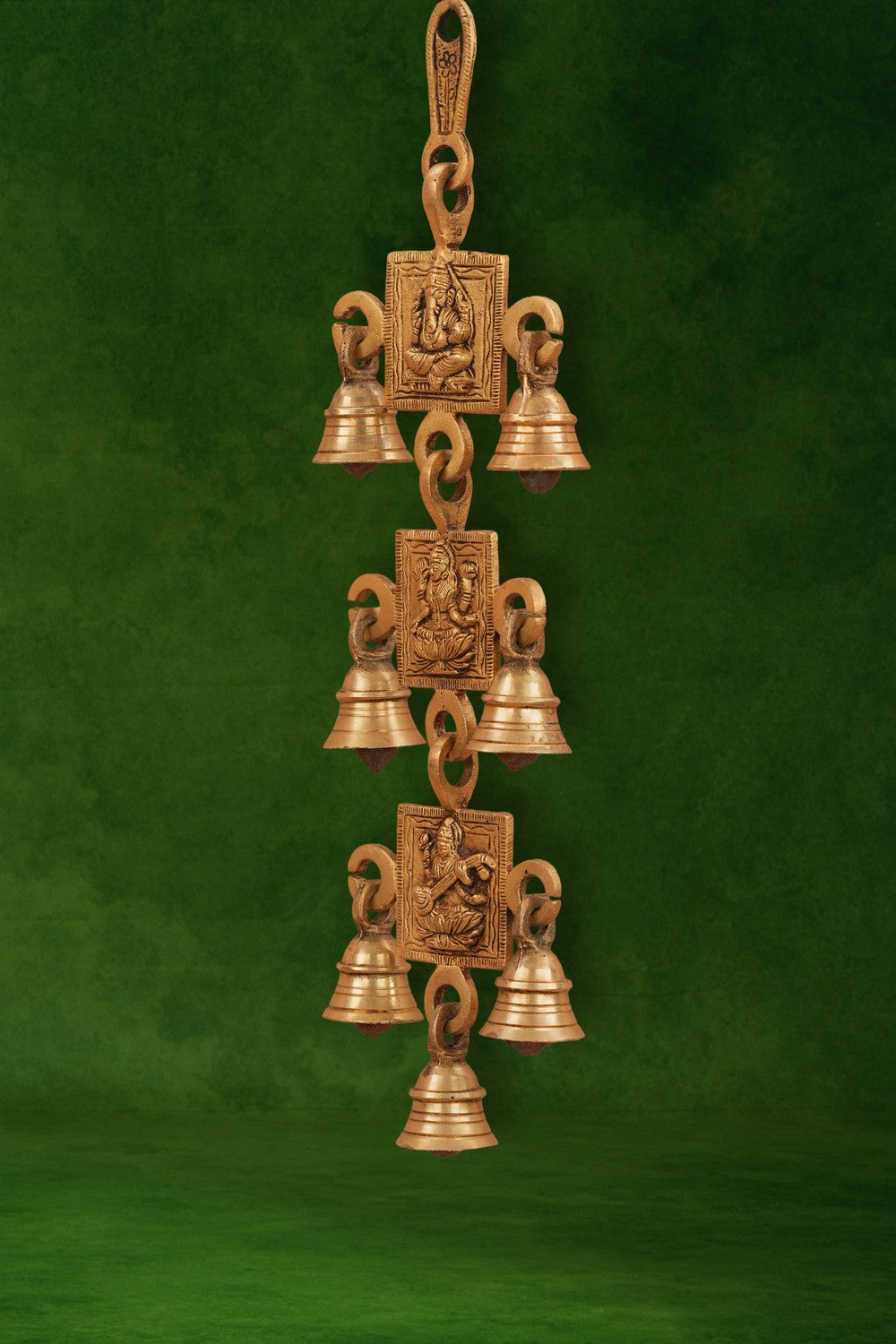Image of Brass vintage Lakshmi Ganesha Saraswati wall hanging