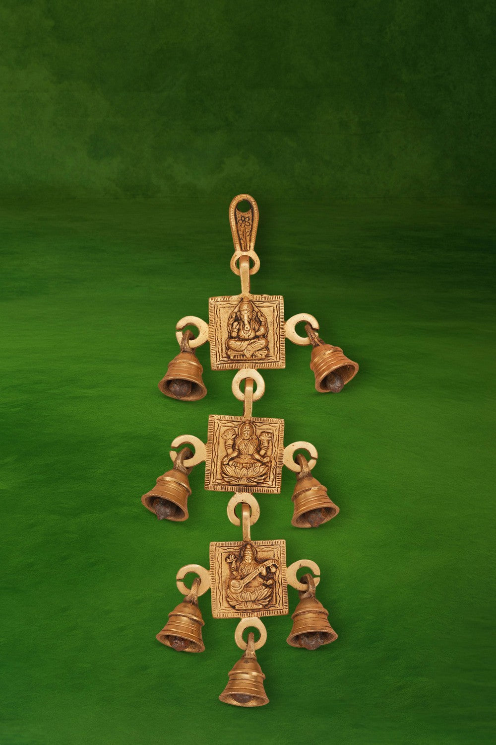 Image of Brass vintage Lakshmi Ganesha Saraswati wall hanging