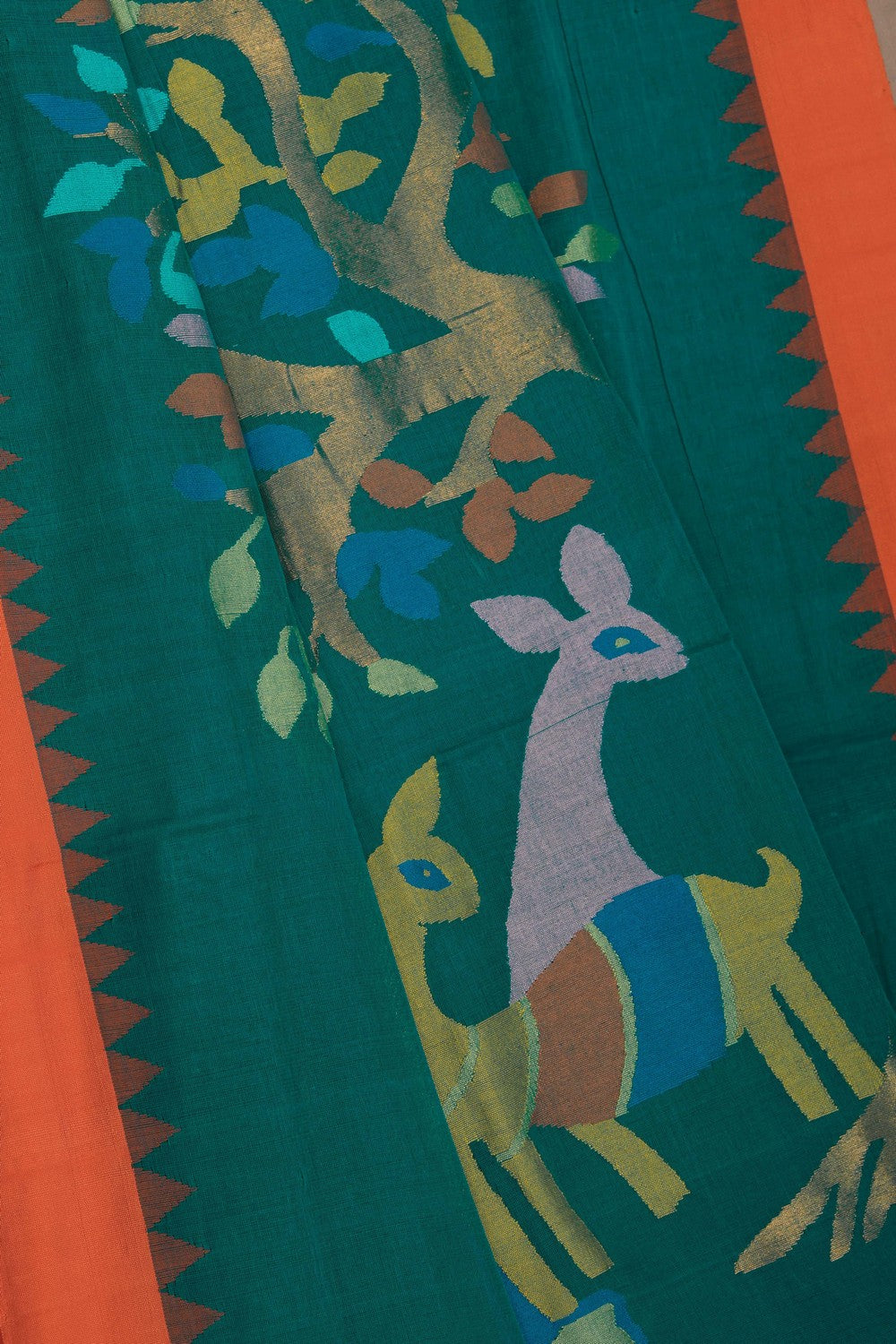 Image of Uppada Cotton Teal-Green Saree