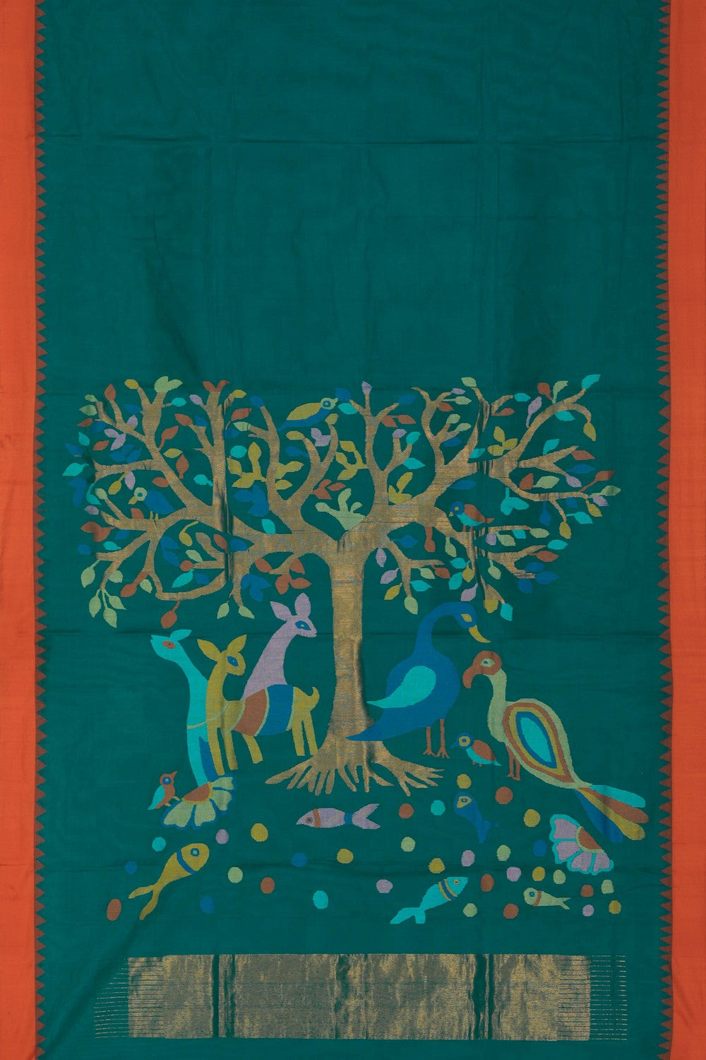 Image of Uppada Cotton Teal-Green Saree