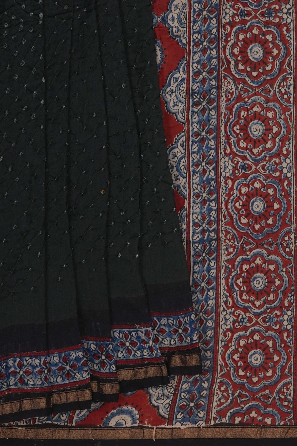 Image of A unique fusion of Bandhani–Ajrakh Saree