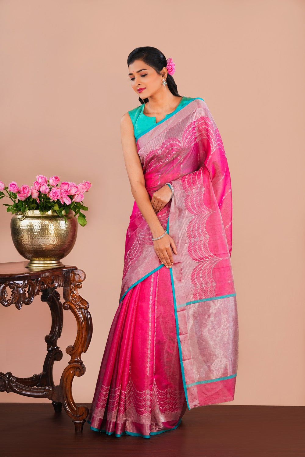 Image of Chanderi Tissue Silk Pink Saree