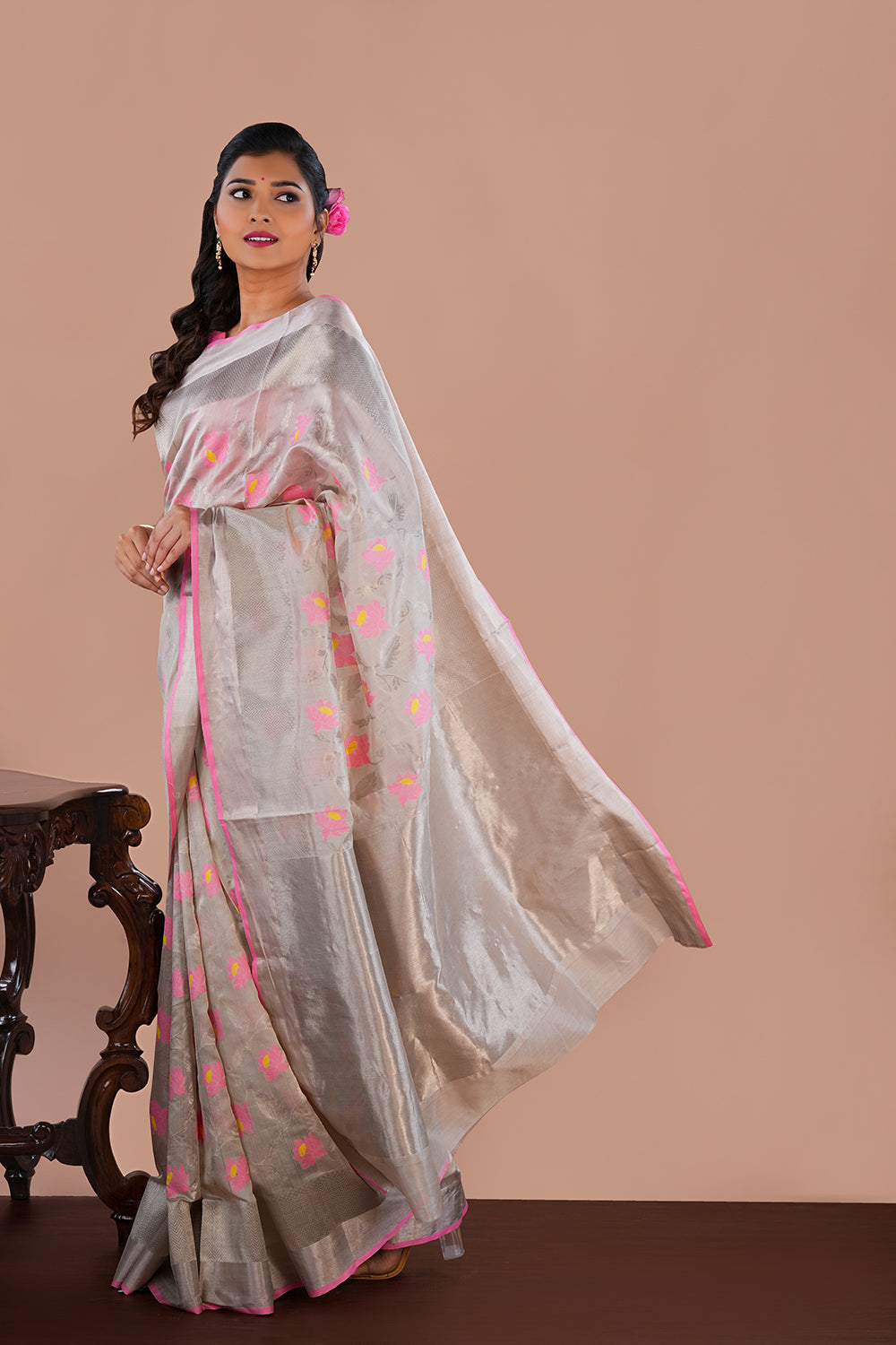 Image of Chanderi Tissue Silk Silver-Grey Saree