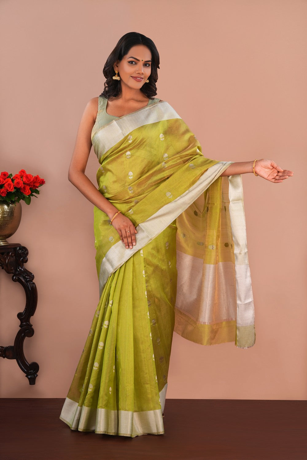 Image of Chanderi Tissue Silk Green Saree