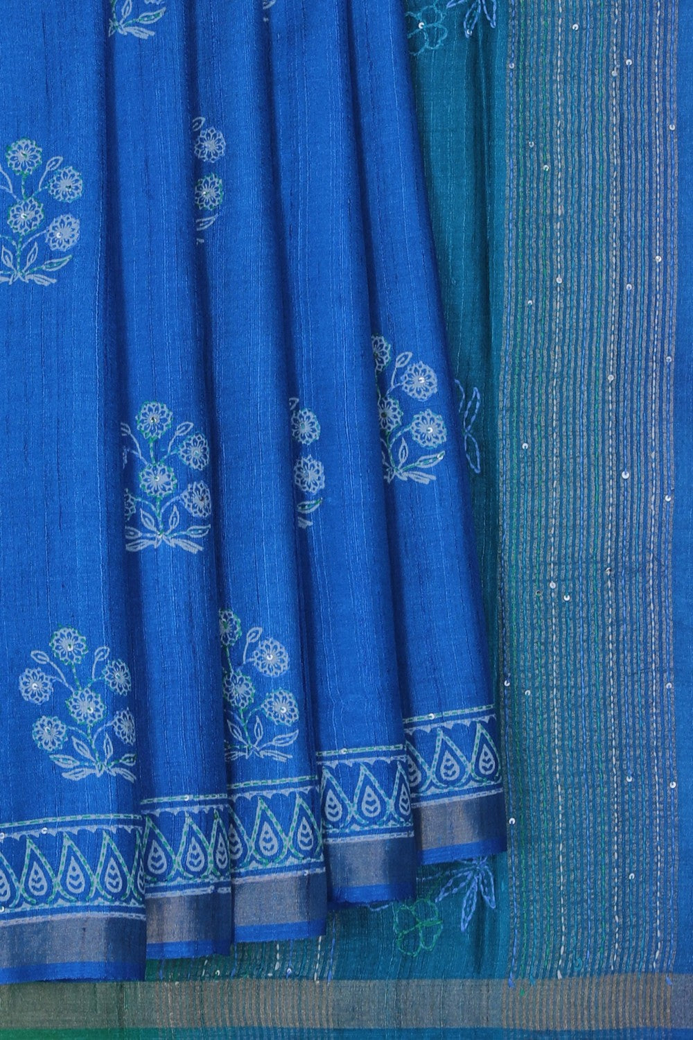 Image of A Blue Tussar Embroidery Saree