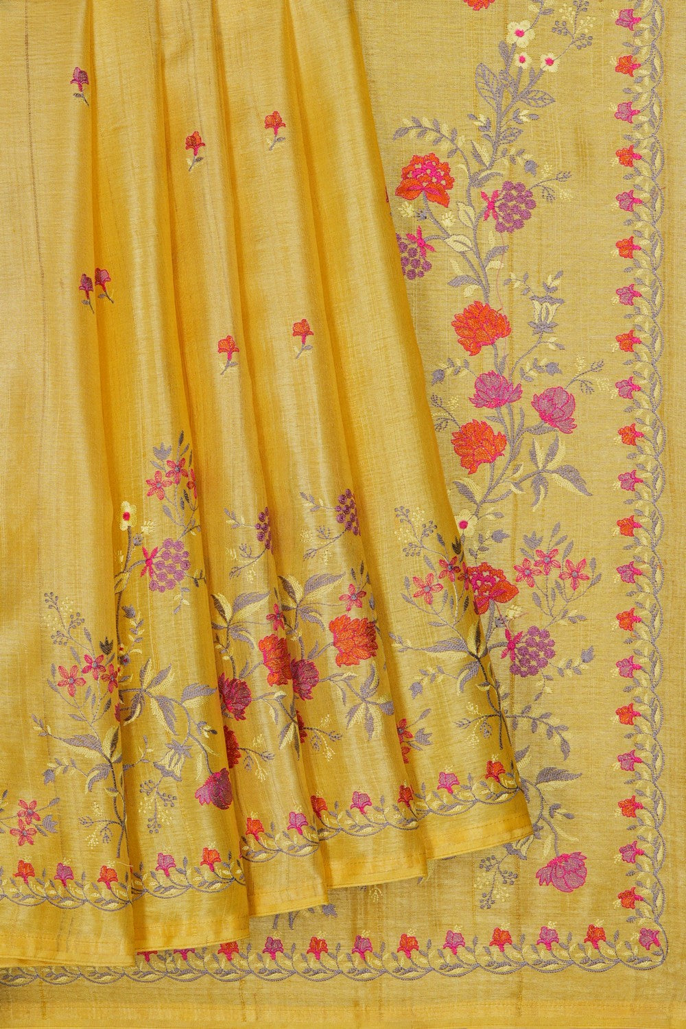 Image of A Yellow Tussar Embroidery Saree
