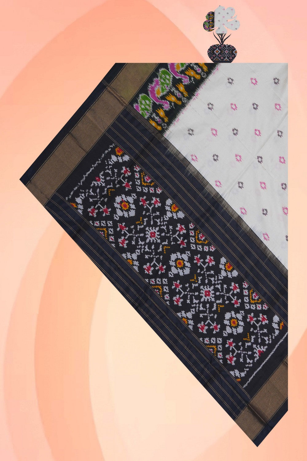 Image of Pochampally Ikat Silk Off-White Dupatta