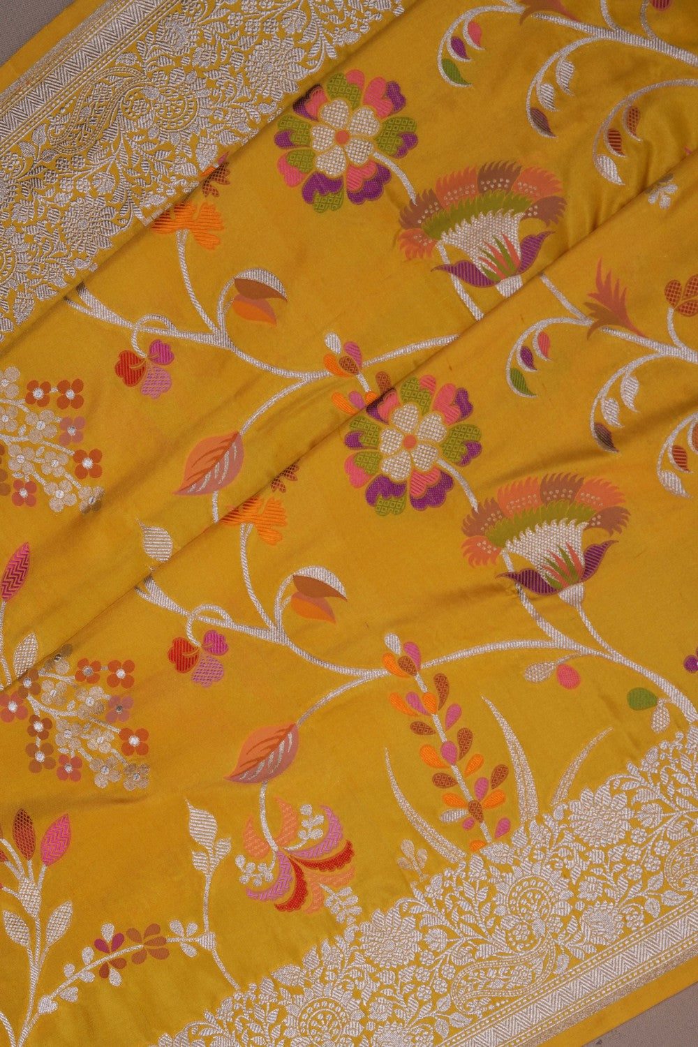 Image of Banarasi Silk Brocade Yellow Saree