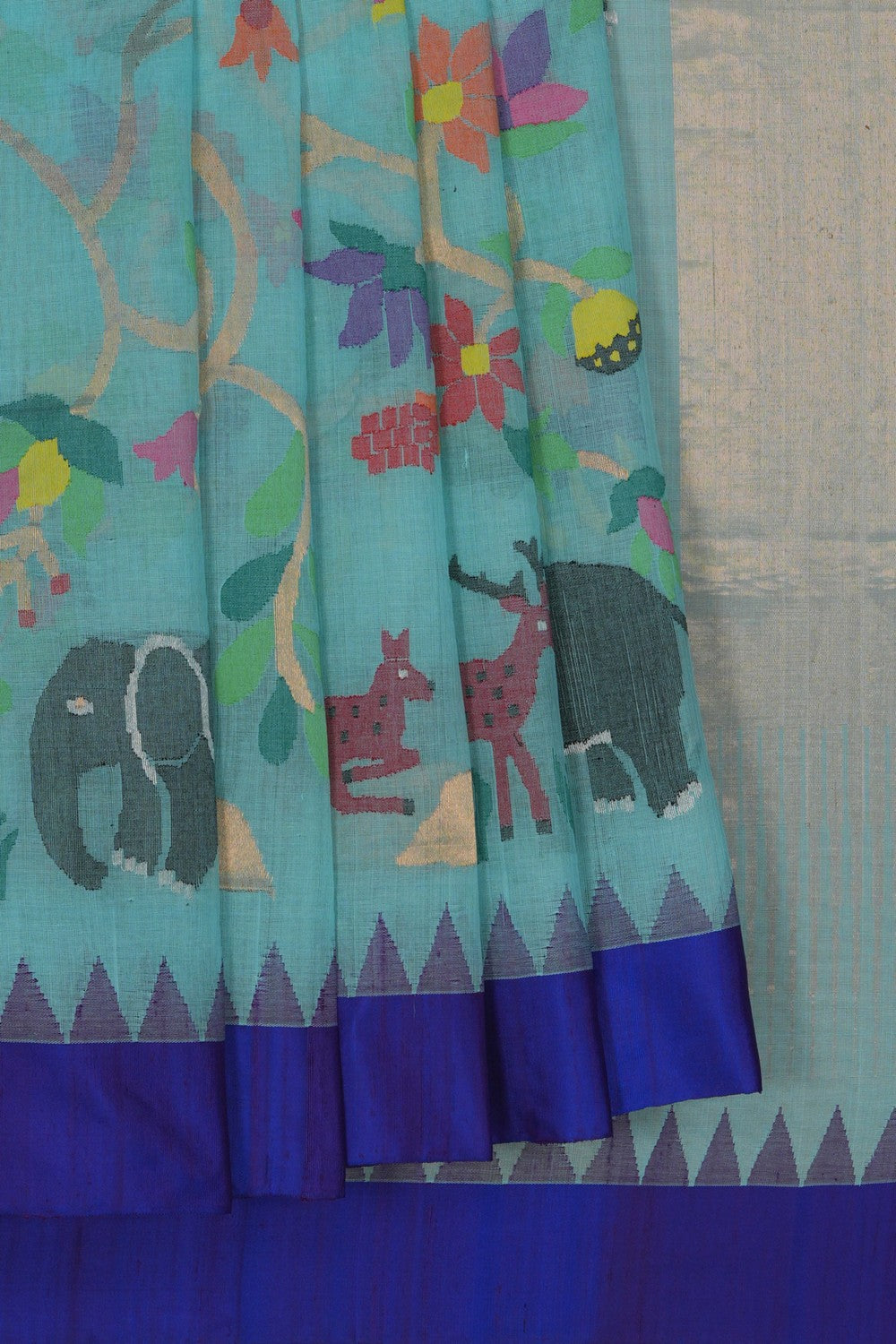 Image of Ponduru Cotton Brocade Sea Green Saree