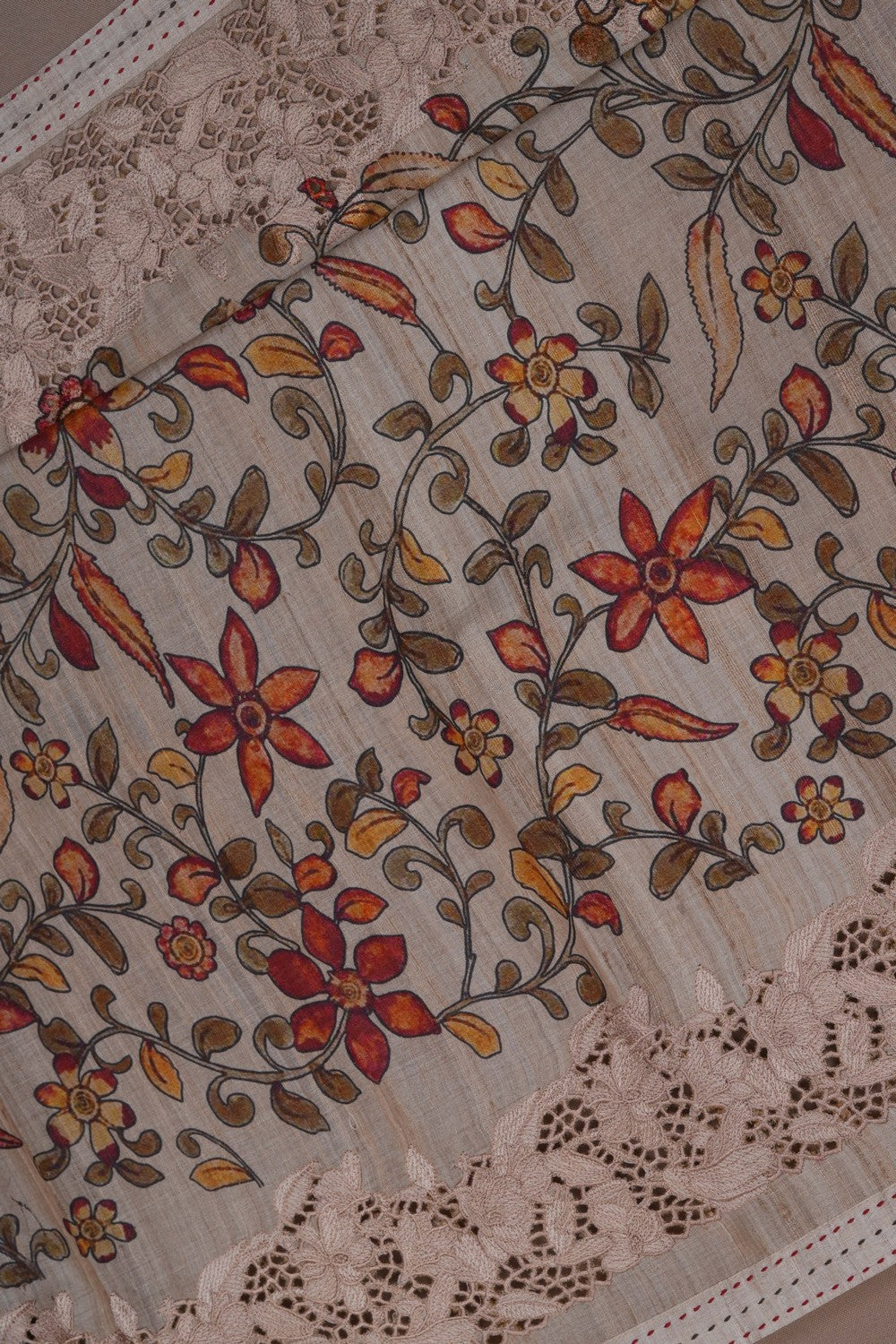Image of A Floral Print Tussar Silk Saree