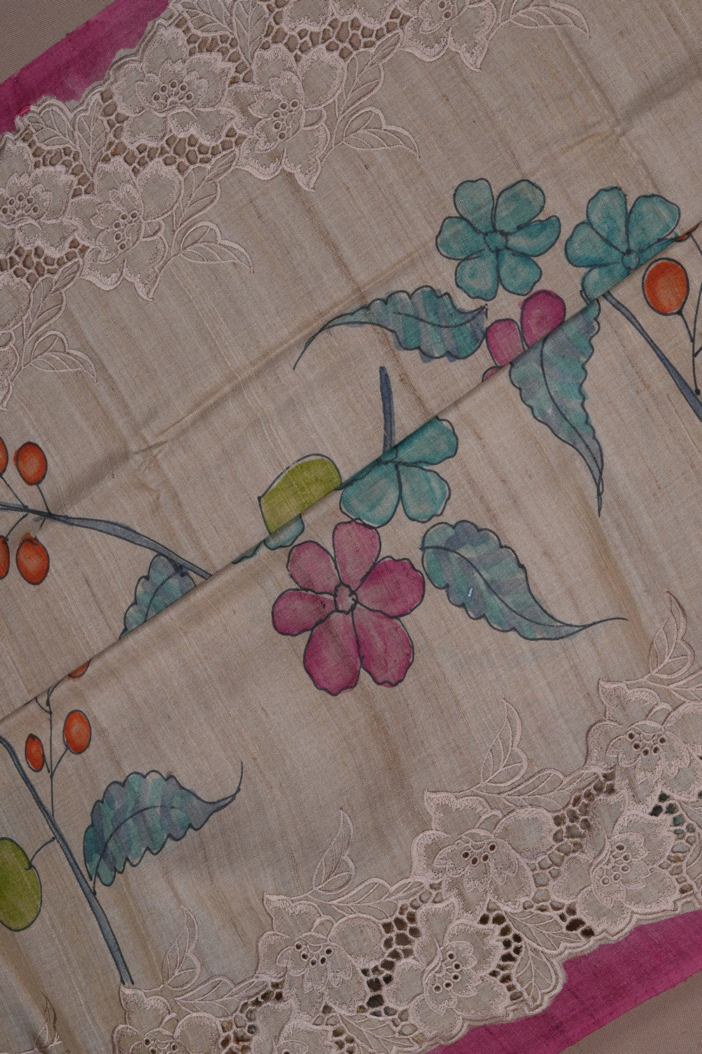 Image of A Floral Print Tussar Silk Saree