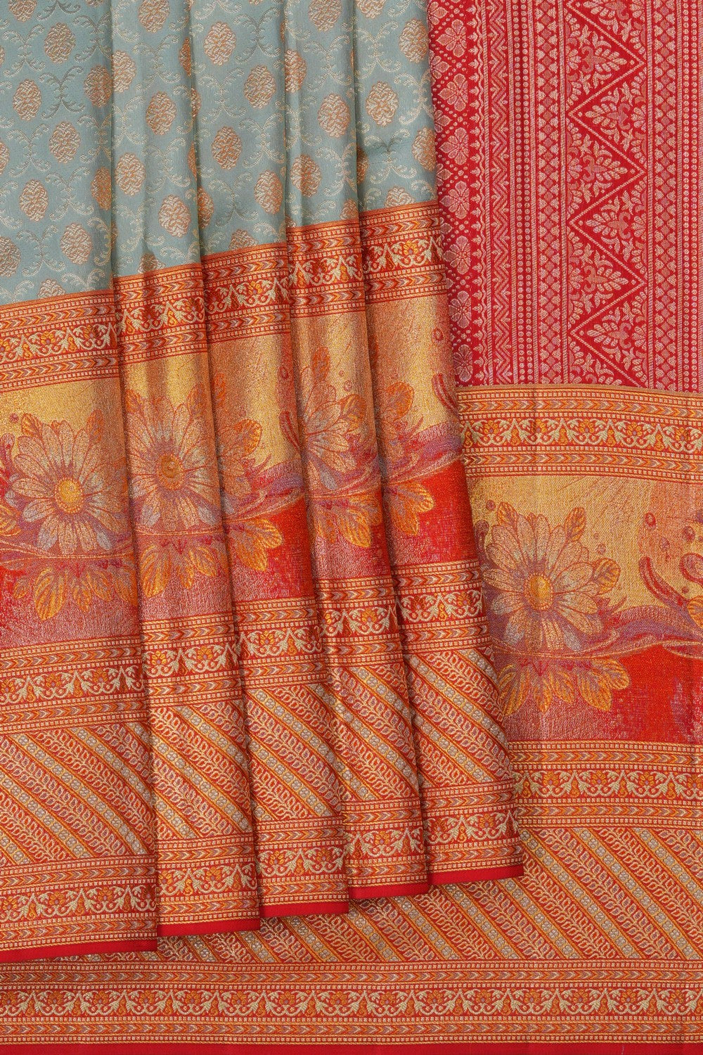 Image of A Smoky Green Brocade Kanjivaram Silk Saree