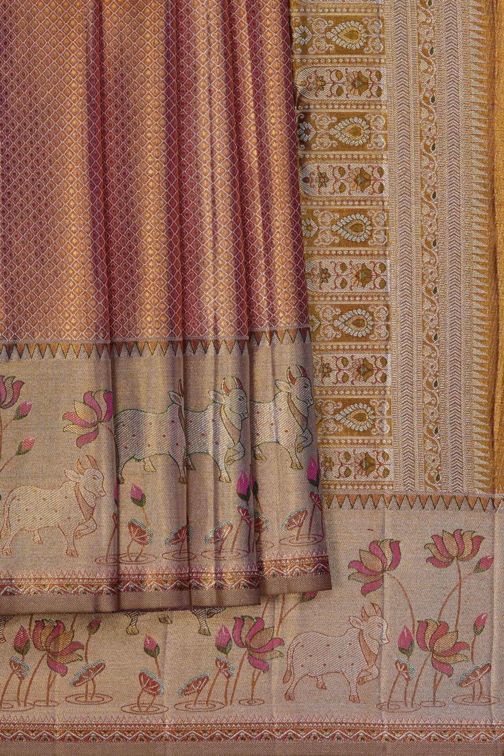 Image of A Coral Pink Brocade Kanjivaram Silk Saree